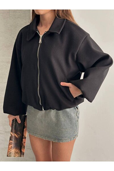 Bossago Women's Black Zippered Wide Sleeve Bomber Cashmere Jacket