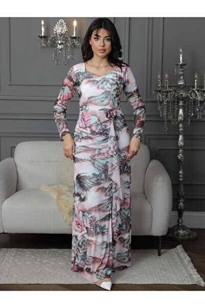 TREN Tree Print Stretch Formal Gown Elegant Side Rose Maxi Dress with Ruffles...