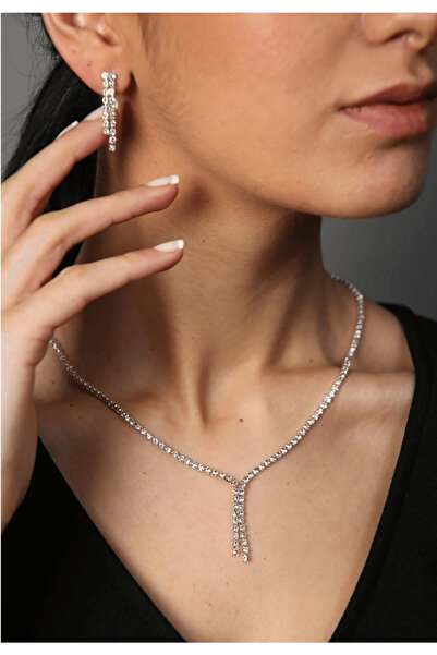 QL ACCESSORY Double Row Crystal Glass Necklace Set