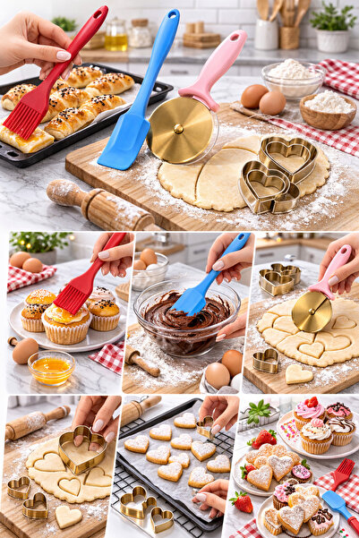 btm home 4-Piece Silicone Kitchen Set Spatula Brush Pizza Roulette Heart Cook...