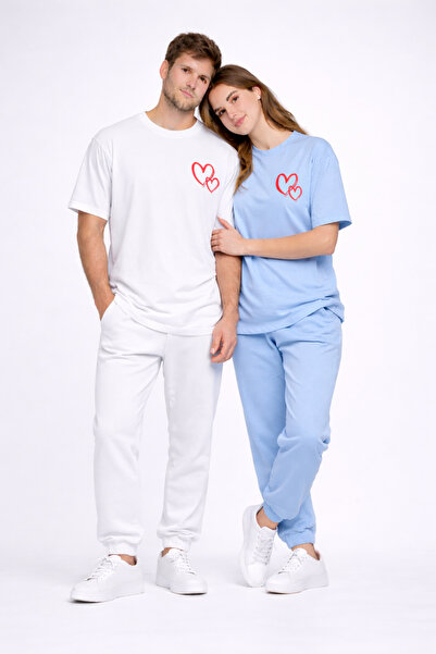 NEVERMIND Lover's Combination Heart Printed Oversize Couple T-Shirt Unisex Ma...