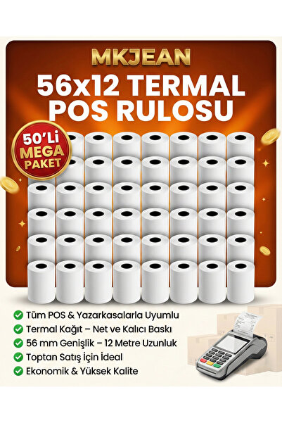 MKJEAN Pos 56x12 Termal Pos Kağıdı Rulosu 50 li Rulo - Tüm Pos Cihazlara Uyumlu