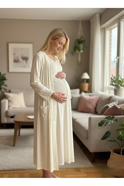 BLACKMORE Ecru Special Lace Detailed Design Cotton Short Sleeve Summer Matern...