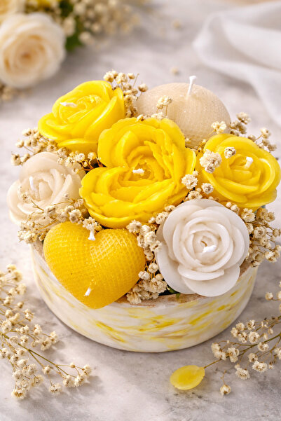Bead Taş Saksı İçinde Sarı Beyaz Mumdan Çiçek Aranjmanı – Dekoratif Gül Mum &...