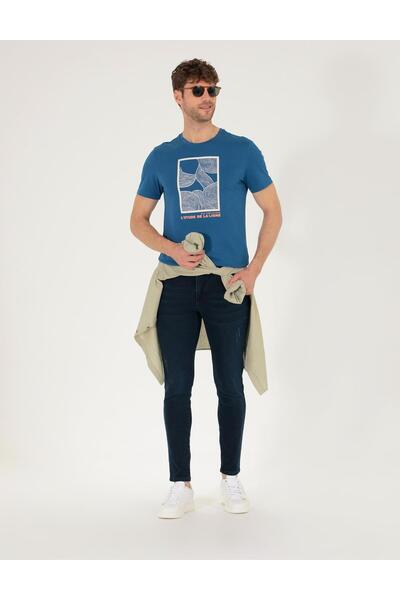 Pierre Cardin Light Navy Blue Slim Fit Printed Crew Neck T-Shirt