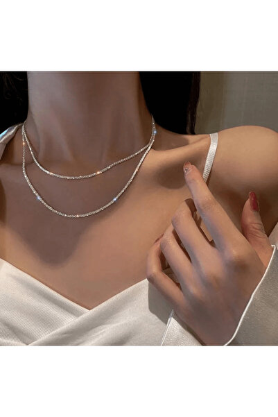 QL ACCESSORY Gümüş Kaplama Çift Sıra Kristal Cam Taşlı Su Yolu Kolye
