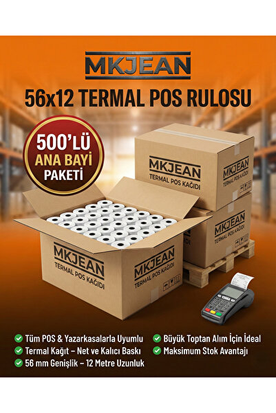 MKJEAN Pos 56x12 Termal Pos Kağıdı Rulosu 500 adet li Rulo - Tüm Pos Cihazlar...