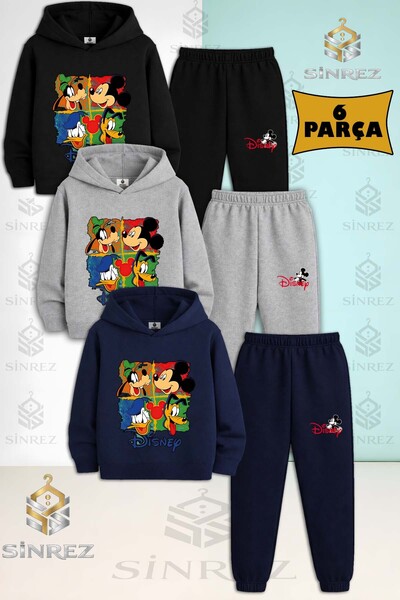 SİNREZ Children's Unisex Disney Characters Square 3-Piece Hooded Tracksuit Set