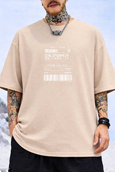 New Shine Barcode Printed Beige T-Shirt