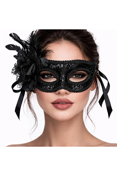 Generic Brand Mey Import ®   Black Venetian Party Mask – Floral Feathered Seq...