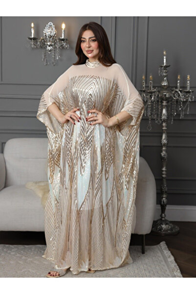 TREN Sophisticated Sequin Embroidered Jalabiya Flowing Tulle Formal Gown with...