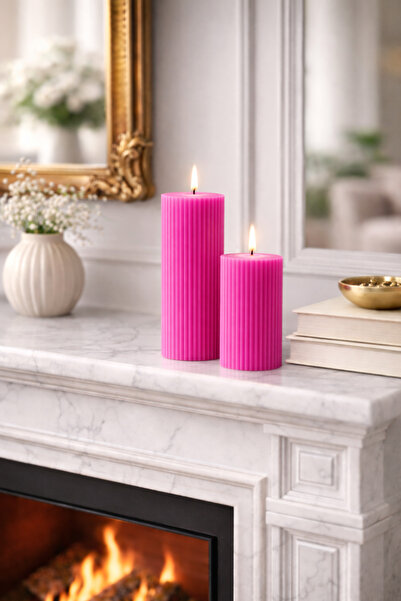 Bead Dekoratif Şeritli Silindir Mum 15 cm & 10 cm Set – Modern Ribbed Tasarım