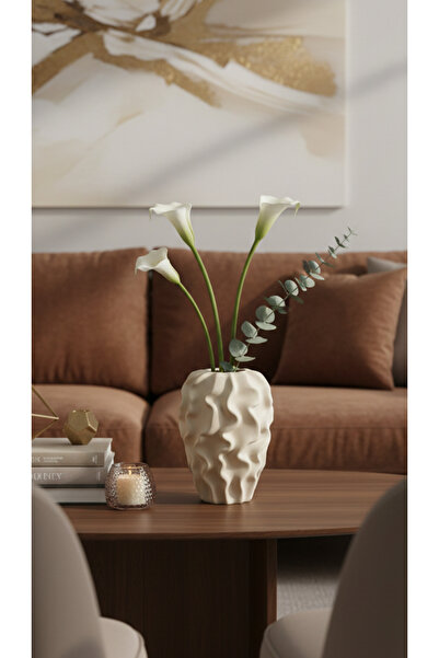 Melse Home's Sarmaşık Seramik Dokulu Bej Dalgalı Vazo,Krem