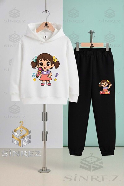 SİNREZ Children's Unisex Girls' Printed Hooded Tracksuit Set with Microphone
