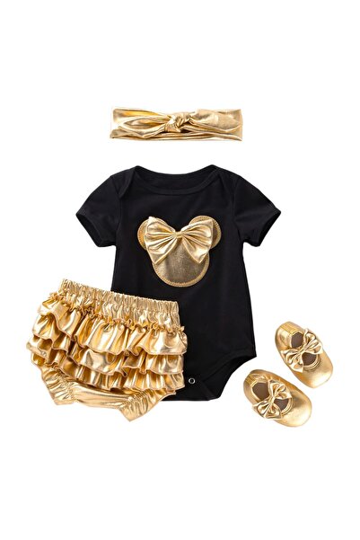 OEM Set fete, pantaloni scurți aurii, body negru de vară, bandană și balerini...