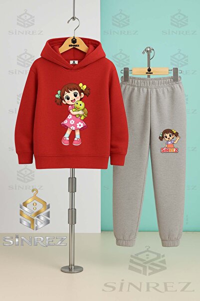 SİNREZ Children's Unisex Girls' Turtle Printed Hooded Tracksuit Set