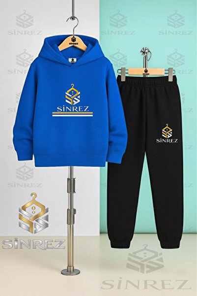 SİNREZ Children's Unisex Logo Two-Line Printed Hooded Tracksuit Set