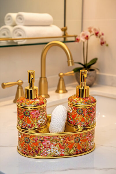 Kezze Lüx Gold Detaylı Porselen 2'li Sıvı Sabunluk Seti- Dekoratif Mutfak Banyo Tezgah Üstü Sabunluk