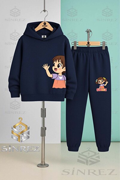 SİNREZ Children's Unisex Girls' Left Side Printed Hooded Tracksuit Set