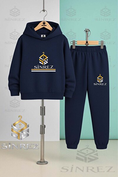 SİNREZ Children's Unisex Logo Two-Line Printed Hooded Tracksuit Set