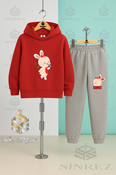 SİNREZ Children's Unisex Tavsan Printed Hooded Tracksuit Set with Microphone