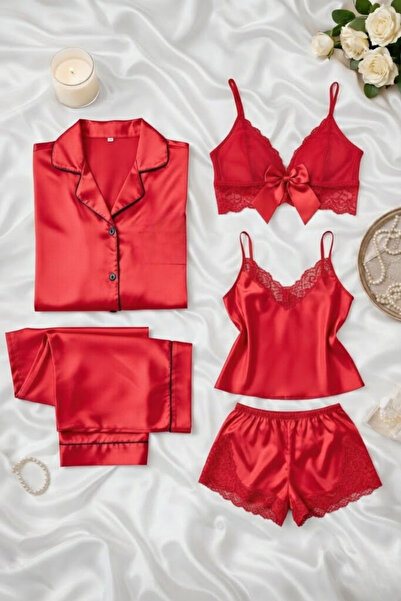 ZENCHES Women's Satin 5-Piece Dowry Set in Box, Red-Satin Pajama Set, Satin S...