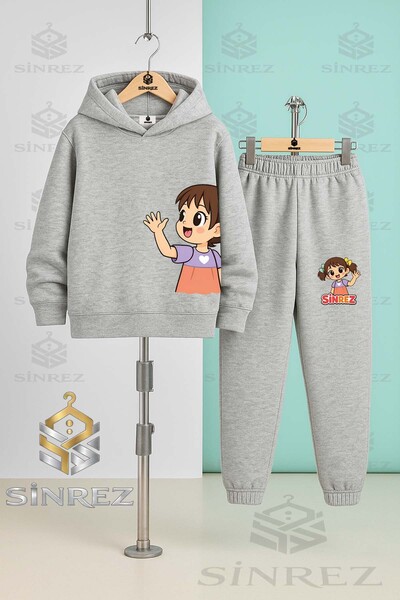 SİNREZ Children's Unisex Girls' Left Side Printed Hooded Tracksuit Set