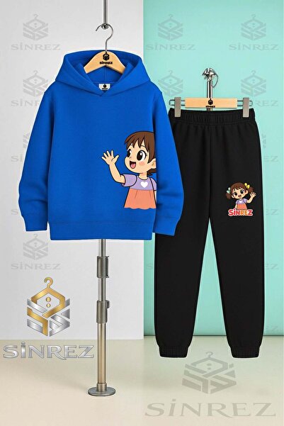 SİNREZ Children's Unisex Girls' Left Side Printed Hooded Tracksuit Set