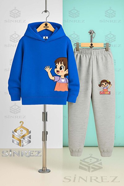SİNREZ Children's Unisex Girls' Left Side Printed Hooded Tracksuit Set