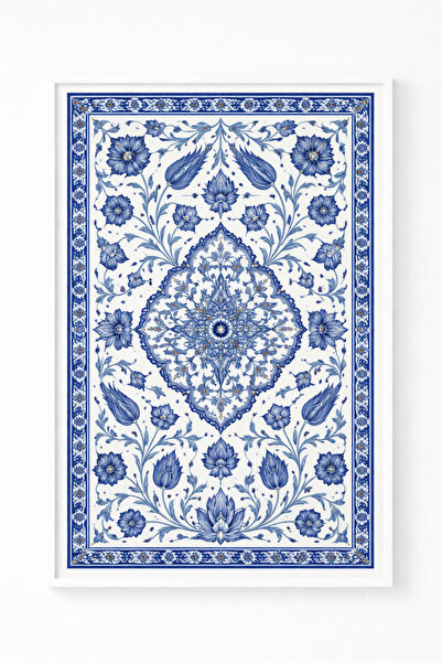 KAYABEY HOME Mavi Çini Desenli Dekoratif Tablo – Beyaz Çerçeveli Geleneksel D...
