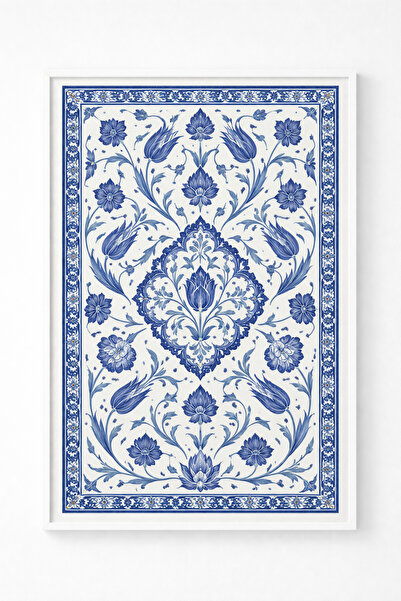 KAYABEY HOME Mavi Çini Desenli Dekoratif Tablo – Beyaz Çerçeveli Geleneksel D...