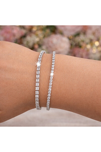 NO BRAND Set of Silver Tennis Bracelets for Women 3mm and 2mm Adjustable and ...