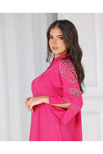 Elegant Fuchsia balloon jalabiya adorned with sparkling crystals