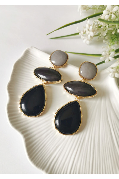 Halley Concept Fluid stone dangle earrings - black & smoky gray tone