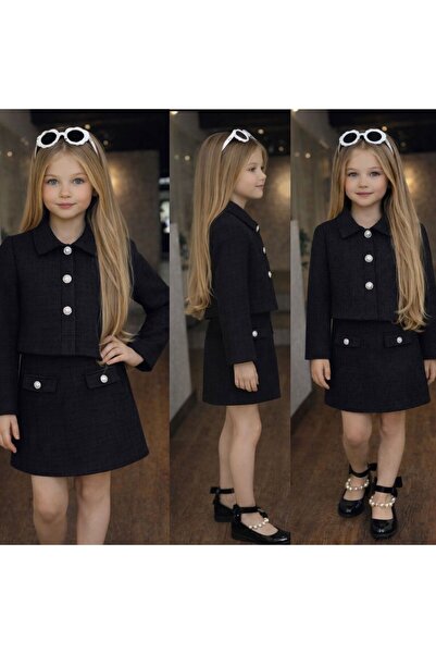 KOKOŞ BEBEK Bayramlık Kız Çocuk Siyah Düğmeli Ceket Etek 2'li Takım 3-10 Yaş ...