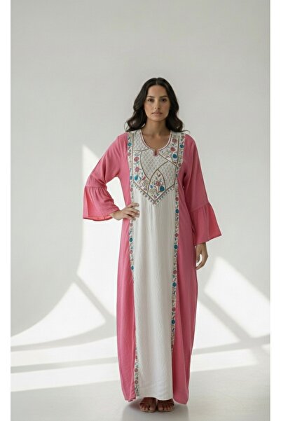 DADO BELLA Etnik Desenli İspanyol Kol Pembe Uzun Elbise