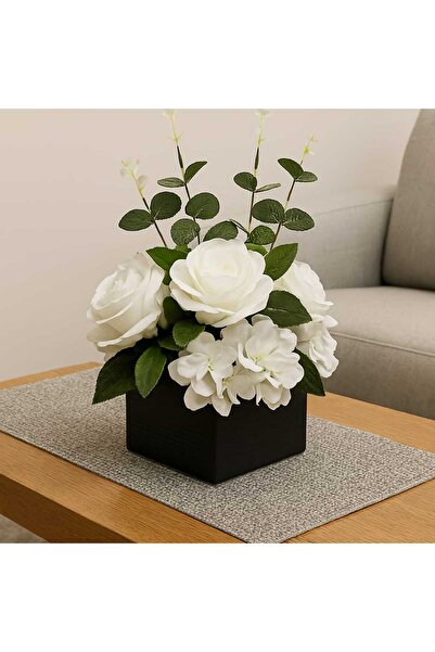 SAKLI ATÖLYEM Beyaz Yapay Gül & Ortanca Aranjmanı – Antrasit Ahşap Kare Saksı...