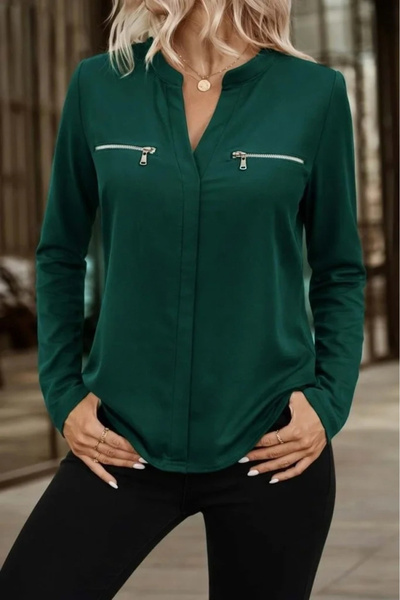 USLUCAN ALIŞVERİŞ Women's Long Sleeve V-Neck Viscose Blouse with Zipper Detail