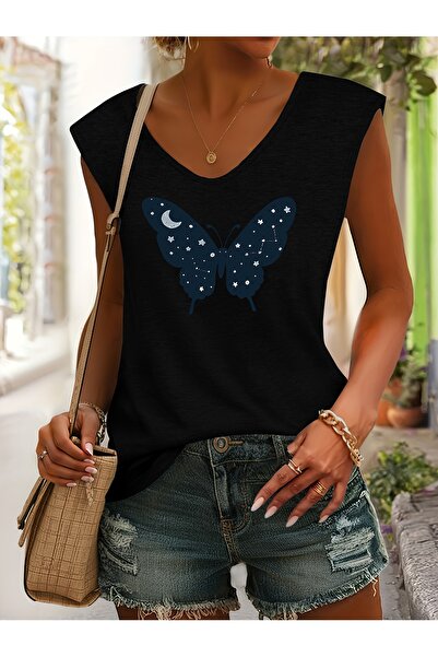 mercoledi Mix Printed Women's Sleeveless V-Neck Relaxed Fit T-Shirt