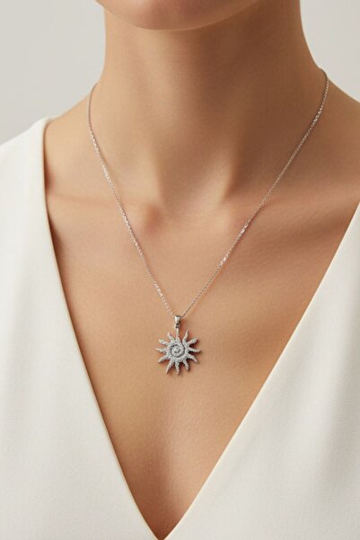 BHR AKSESUAR Silver Zircon Stone Sun Pendant Necklace (45 cm)