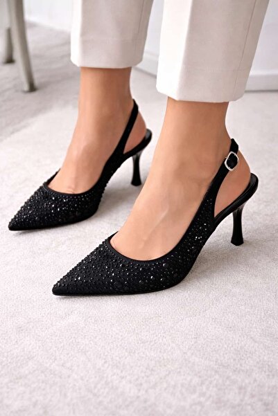 BİR-SEN SHOES oria siyah saten taşlı arkası açık topuklu abiye stiletto 7.5 cm