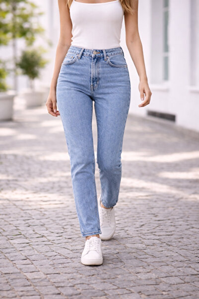 TRUEJNS Mirena Snow Blue Women's High Waist Lycra Mom Jean Trendy Comfortable