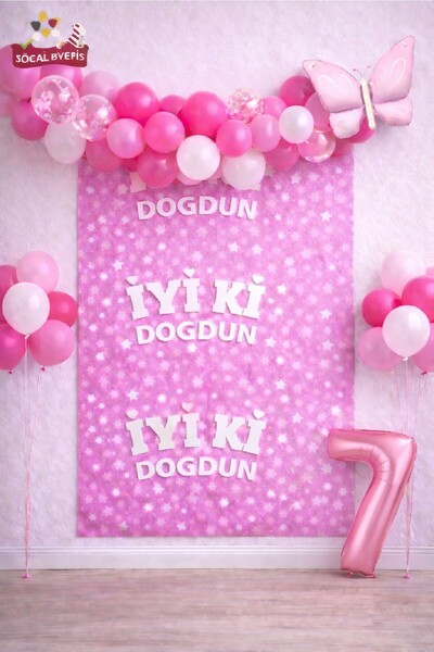 BKMC PARTY Retro Butterfly Pink Age Balloon Happy Birthday Printed Backdrop B...