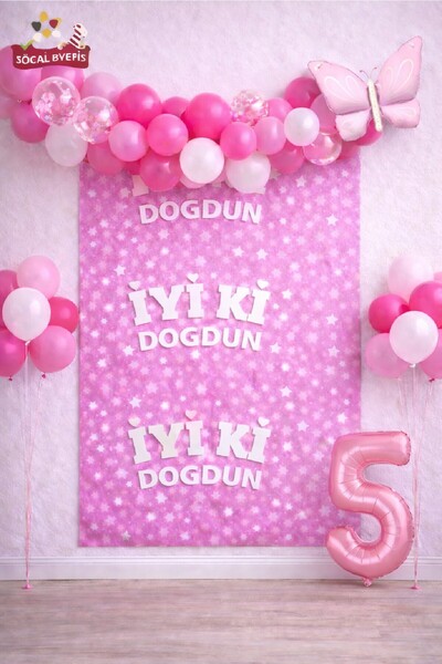 BKMC PARTY Retro Butterfly Pink Age Balloon Happy Birthday Printed Backdrop B...