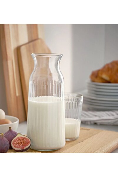 IKEA QUİCK Cam Karaf 1 Litre Açık Ağız Şeffaf Sürahi Çizgili Su Şişesi Yüksek...