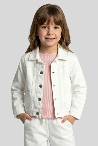 ww waka waka kids store Girl's White Denim Jacket with Heart Pockets