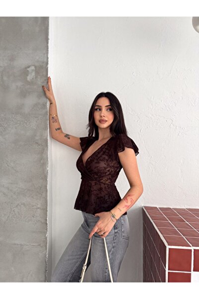 chize Ruffle Detailed Flocked Printed Floral Patterned Sleeveless Tulle Blouse