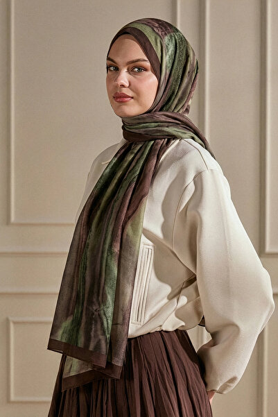 SilkTouch Kızıl Kahve Mermer Tuval Desenli Organik Şal