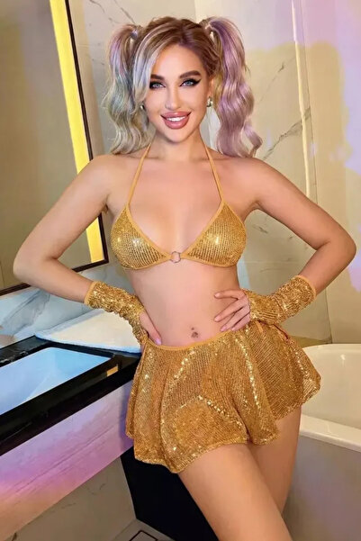 Bleu Petite Gold Stone Patterned Skirt and Bra Set