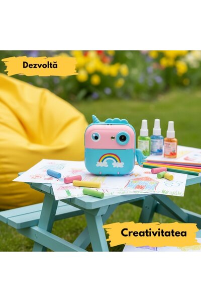 Briftera Cameră instantanee pentru copii cu funcție de imprimare – Design unicorn roz